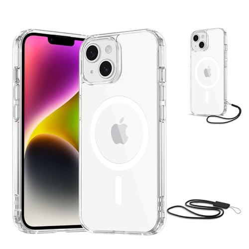 NEW'C Magnétique Coque pour iPhone 15 Plus, iPhone 14 Plus (6,7 Pouces), Compatible avec MagSafe Antichoc Ultime avec Cordon – Magnétisme Puissant et Protection Militaire - Etui Fine - Transparent