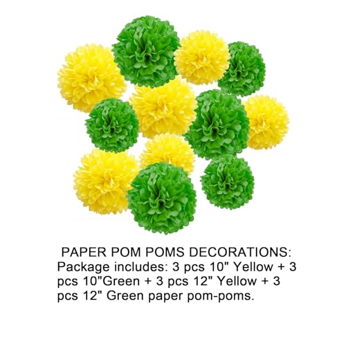 Image of 12pcs Yellow and Green Paper Pom Poms Decorations for Party Ceiling Wall Hanging Tissue Flowers Decorations - 3 Colors of 12 Inch, 10 Inch.