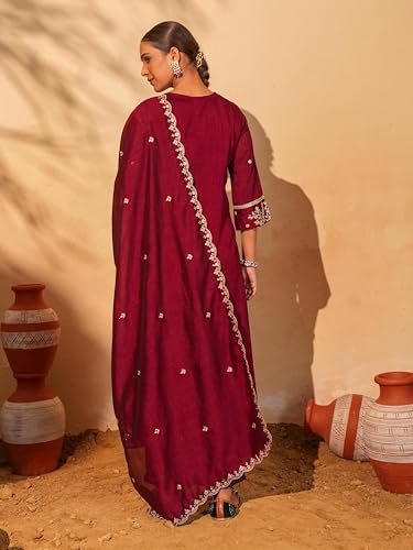 Image of Naixa Women's Vichitra Silk Embroidered A-Line Kurta with Pant and Dupatta Sets (NX-845)