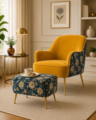 Image of Velvet Wingback Accent Chair for Living Room | Luxury High Back Tufted Armchair with Glossy Metal Legs | Modern Velvet Upholstered Lounge Chair for Home & Office | 1 Pc (Mustard Floral)