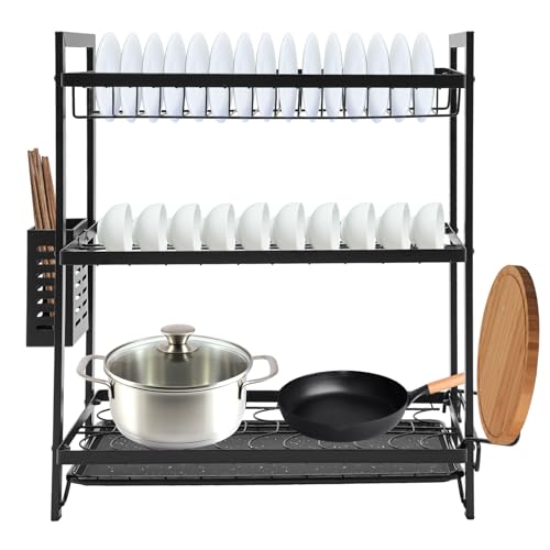 Linanty Egouttoir à Vaisselle, égouttoir à Vaisselle à 3 Niveaux avec égouttoir, pour la Cuisine et la Salle à Manger avec Baguettes, Couverts et Planche à découper, Noir