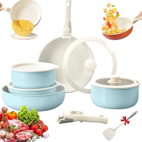 Gourmetific Cookware Set, 2025 Upgraded Detachable Handle Pan Set, 5/9/11/15piece Non-Stick Ceramic Coating, Maifan Cookwares Kitchen Kit, for Stackable Storage, Easily Clean (5PCS,Blue)