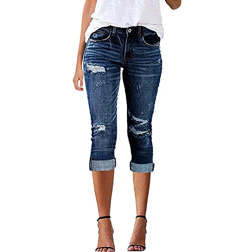 Pantalones vaqueros para mujer, 7/8, capri de verano, elásticos, para el tiempo libre, hasta la rodilla, tres cuartos, pantalones desgarrados, pantalones vaqueros de cintura alta, pantalones vaqueros