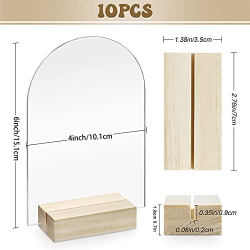 Image of Bercoor 10 Pack 4x6 Inch Blank Clear Arch Acrylic Sign with Wooden Stands, Arched Round Top Acrylic Sheet, DIY Acrylic Arch Table Numbers for DIY Name Card Gifts Event Party Sign Decoration