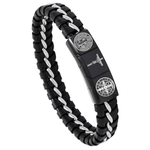 St. Benedict Crucifix Cross Bracelet for Men,Handmade Saint Benedict Jesus Cross Cuff Bracelets Exorcism Cross of Saint Religious Jewelry Miraculous Medal Catholic Gift for Him,8'' / 8.8''