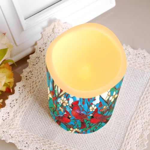 Image of Stained Glass Cardinal Electric Flameless Candles Set of 4 | Christmas Flameless Candle Set with Timer, Battery Operated Fake Candles for Living Room, Table Centerpieces