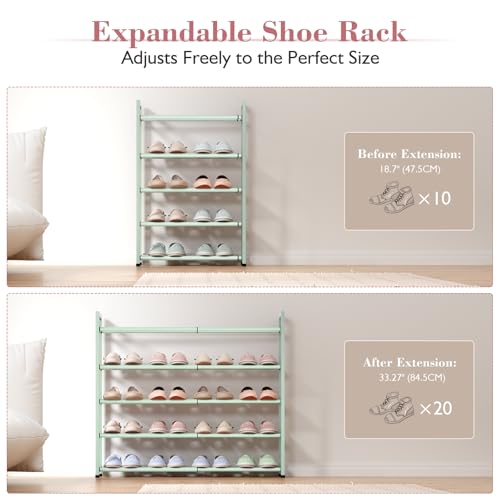 Image of Bumusty 5-Tier Expandable Shoe Rack for Closet, 18 inch-33 inch Adjustable Shoe Rack for Small Space, Small Shoe Organizer for Front Door, Sturdy Metal,Green