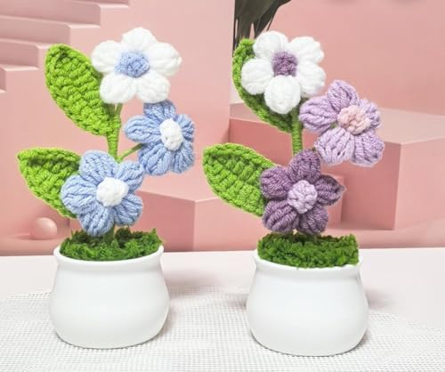 Image of VRB DecTM 1 Pcs Crochet Flowers Artificial Daisy for Office Desk Car Dashboard Decor,Home Decoration, Office, Bedroom, Christmas Decor, Wedding,Diwali (Triple Purple Daisy with Pot)