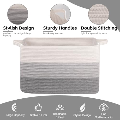 Image of OIAHOMY Large Blanket Basket, 65L Cotton Rope Woven Laundry Basket, Toy Bin for Baby Room, Container for Blanket Storage in Living Room, 20''x16''x12'', Gradient Grey