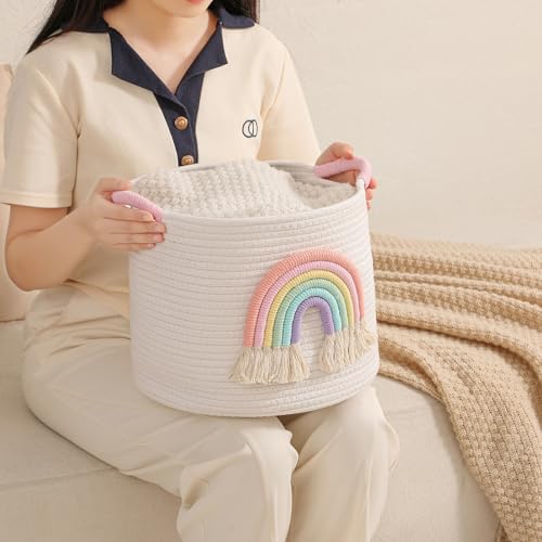 Aufbewahrungskörb für Spielzeug, Korb Kinderzimmer Aufbewahrungskorb Wickeltisch Organizer Gewebtem Baumwollseil mit Regenbogen-Dekor für Mädchen, Babyzimmer Spielzeug-Organizer, Regal Bad Organizer