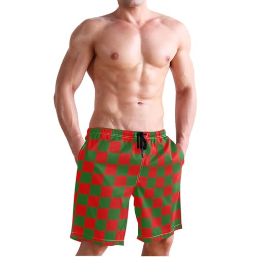 Red and Green Buffalo Checkered Mens Swim Trunks Quick Dry Beach Shorts with Pocket S4