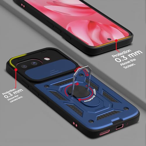 Image of Pikkme Back Cover for Google Pixel 9A | 360 Protection Case | Sliding Camera Shield Cover & Ring Holder Stand D10 Tough Armor Bumper Case (Blue)