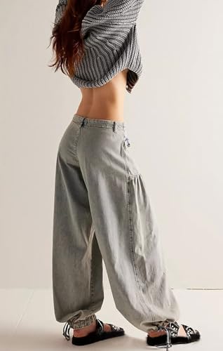 loveimgs Women Ruffle Denim Pants Pleated Wide Leg Jeans Baggy Cargo Harem Pants Mid Rise Sweatpants Tie Bottom4