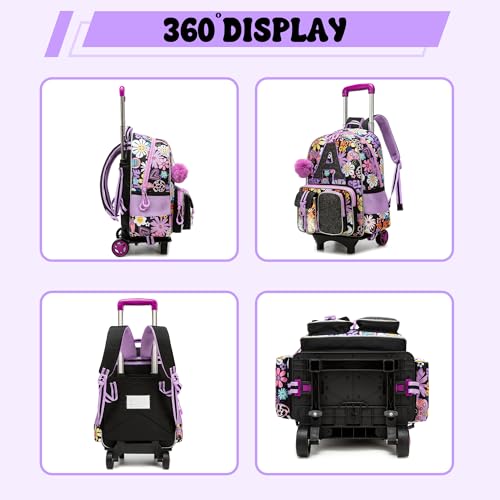 Image of HTgroce Cute Rolling Backpack for Girls Kids with Lunch Box & Pencil Case 3pcs Girls Rolling Backpacks for Elementary Middle School Bag with Wheels (Sun Flower Letter A)