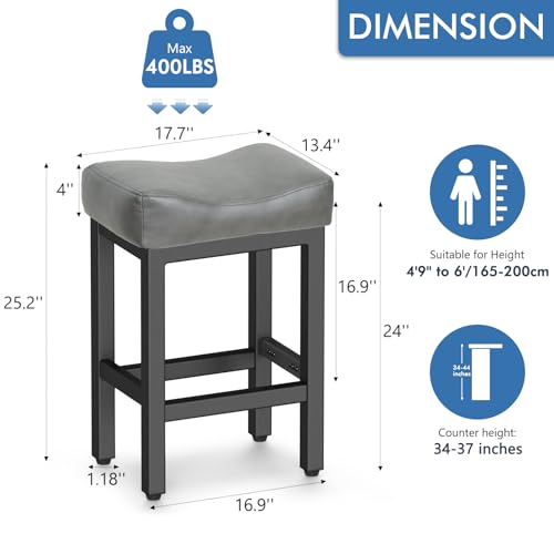 Image of Raynesys Counter Height Bar Stools Set of 3, 24 Inch Barstools for Kitchen Island Counter, Bonded Leather Kitchen Stools with Thick Saddle Seats & Heavy Duty Metal Base, Easy Assembly, Gray /Black
