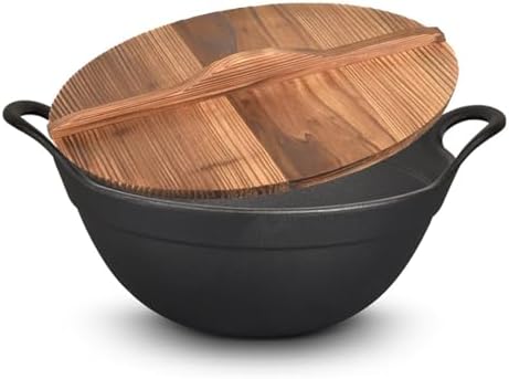 Cast Iron Wok Pan with Wooden Lid - 25cm/28cm/32cm/36 cm Woks and Stir Fry Pans - Chinese Wok with Round Bottom Wok,32cm (32cm)