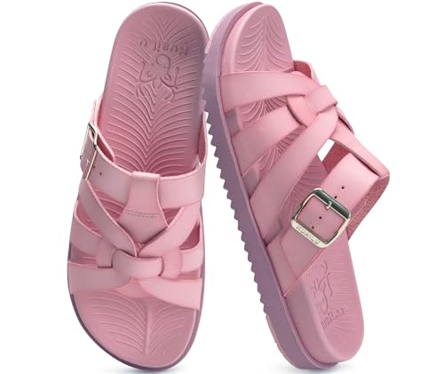 KuaiLu Gladiator Sandals for Women Comfortable Arch Support Summer Beach Walking Flat Criss Cross Strappy Slides Boho Dress Outfits Fisherman Slip on Cushion Leather Shoes Indoor Outdoor Pink Size 10