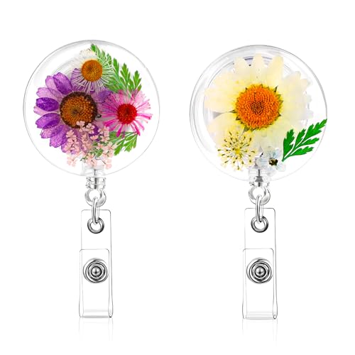 2 Pack Nurse Badge Reels, Flower Resin Badge Reel Badge Holder Retractable Clip Cute Nursing Student Badge Reel Name Card Badge Clip, Handmade Dried for Nurse Doctor Teacher Office Worker