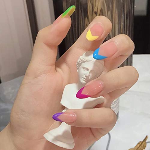 RikView French Press on Nails Medium Length Glossy Oval Fake Nails Rainbow Nails Design Full Cover Acrylic Nails 24PCS(Rainbow)