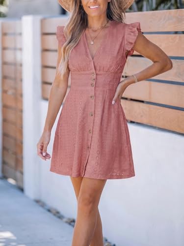 Image of CUPSHE Women's Striped Summer Dresses V Neck Casual Mini Dress Flutter Sleeve Ruffle Button Sundresses