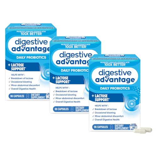 Image of Digestive Advantage Probiotics + Lactase Digestive Enzymes for Digestive Health, Daily Probiotics for Women Men Occasional Bloating, Lactose Breakdown, Immune Support, 96ct (Pack of 3)