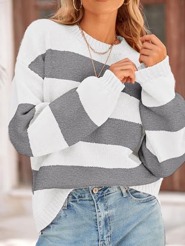 Image of PRETTYGARDEN Womens 2024 Oversized Lantern Long Sleeve Striped Sweaters Fall Casual Crewneck Loose Chunky Knit Pullover Tops