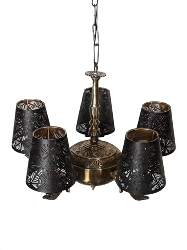 Image of Devansh 05 Lights Metal Etched Shade with Antique Golden Chandelier -ZA