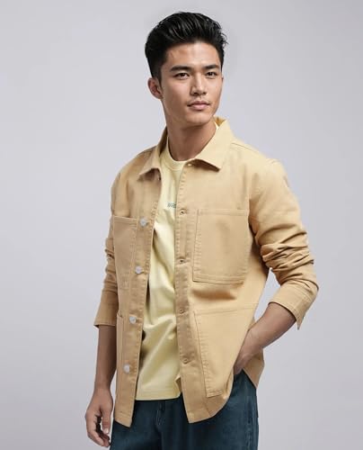 Image of Rare Rabbit Men's Brond Beige Cotton Plain Regular Fit Full Sleeve Spread Collar Jacket