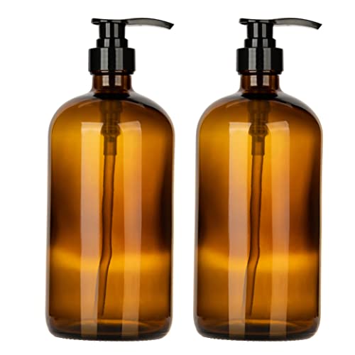 32 Ounce Glass Pump Dispenser Bottle, Large Amber Container with Pump for Shower and Bath Shampoo Soap Conditioner Lotion - 1 Liter Shower Bottles- by Kitchentoolz