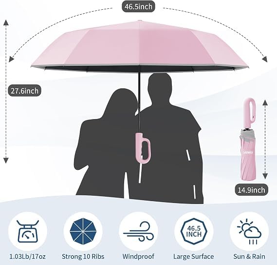Image of Seniny Windproof Travel Umbrella, Automatic Umbrellas for Rain, Portable & Compact Umbrellas for Backpack, Strong UV for Protection, Folding Small Sun Umbrella for Car, Walking, Coral Pink, 38 inches