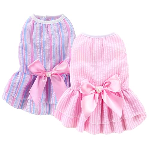 Dog Dress, Cute Pet Princess Dresses with Bright Color Design, Sweet Bowknot, Dog Clothes for Small Dogs Girl, Breathable & Lightweight, for Spring Summer, 2 Pack (Pink Purple, XX-Small)