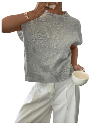Image of SOLY HUX Women's Short Sleeve Sweater 3D Floral Sweaters Pullover Tank Tops Knit Vest Trendy Fashion Clothing