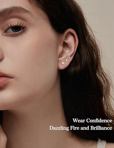 3 Pairs Moissanite Flatback Stud Earrings for Women, 925 Sterling Silver Hypoallergenic Flat Back Cartilage Earrings Set, 18K White Gold Plated4
