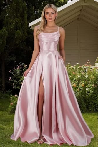 A Line Satin Long Prom Dress with Slit for Women, Spaghetti Straps Formal Evening Party Dress with Pockets2