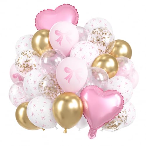 Image of 35PCS Pink Bow Balloons Set in Blush White Clear for Girls Party Decorations - Adorable Ribbon Designs with Gilded Pink Hue for Showers Weddings Birthday Themes Balloon Arch