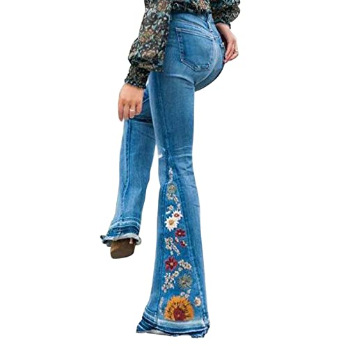 Womens Bootcut Flared Denim Pants Embroidery Floral Distressed Flare Jeans Plus Size Wide Leg Bell Bottom Denim Pants Stretchy Button Waist Cury Fit Tummy Control Butt Lifting Work Jeans with Pocket