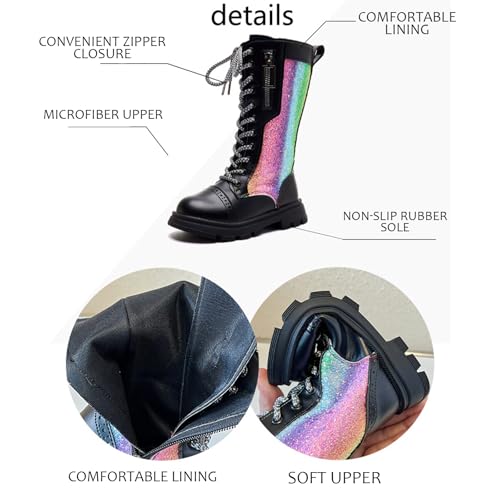 Girls Leather Lace-Up Knee-High Boots With Side Zippers Fashionable Colorful Block Heels Sparkly Riding Shoes Suitable For Kids Parties Everyday Activities4