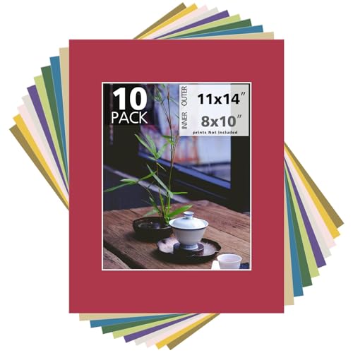 MBC Mat Board Center, Acid Free Pack of 10 11x14 Mixed Colors White Core Picture Mats for 8x10 Photos