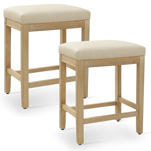 Image of RNKSFX Counter Height Bar Stools Set of 2 for Kitchen Counter Farmhouse Modern Backless Barstools with Faux Leather Upholstered Seat and Solid Wood Legs 24 inch Bar Chairs, Khaki + Wood Color
