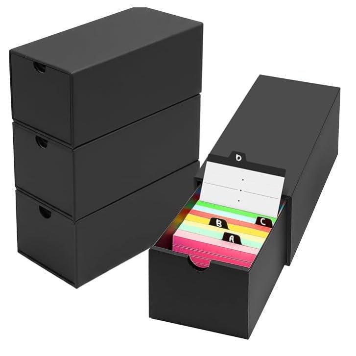 Longzhuo 4-Pack 6.3 x 5.2cm Index Card Organizer Box with Lid & 120 Dividers, Holds 4000 Cards – Black Storage Box for Recipe Cards, Flashcards, Study Notecards
