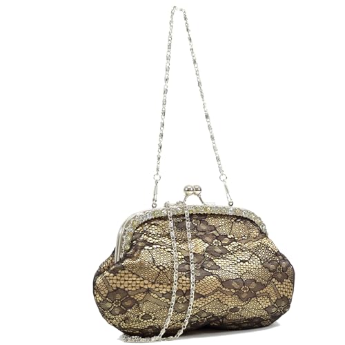 Vintage Lace Evening Clutch Bag for Women Elegant Floral Purse with Rhinestone Frame for Weddings Parties Formal Events(Gold)
