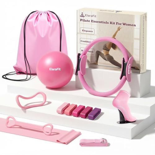 ElaraFit Home Pilates Ring and Ball Set for Women with 5 Resistance Bands 13 inch Magic Circle Workout Essentials Starter Kit for Beginners, Full Body Toning Shape Your Body with 15 Min Daily Routine