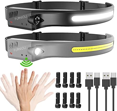 Furniou Headlamp Rechargeable Headlight for Adults 2 Pack, Head Lamp 230°Wide Beam Rechargeable Headlights for Head, Motion Sensor, Adjustable Head Light for Camping, Jogging,Hiking,Fishing