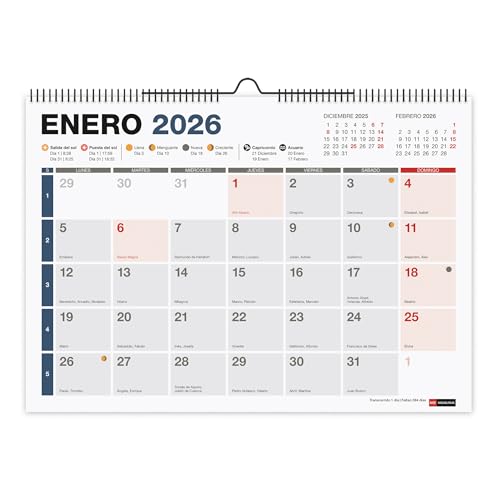 Miquelrius   Calendario 2026 de pared Completo, Organizador anual A4: 296 x 210 mm, Con espacio para anotar, Encuadernación espiral doble, Planificador 12 meses, Español