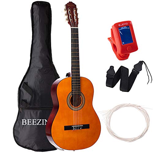 Classical Guitar Acoustic Full Size 39 inch Guitar 6 Nylon Strings Guitar for Beginners Junior Kids Starter Kits with Waterproof Bag Guitar Clip Tuner Strap Extra Strings