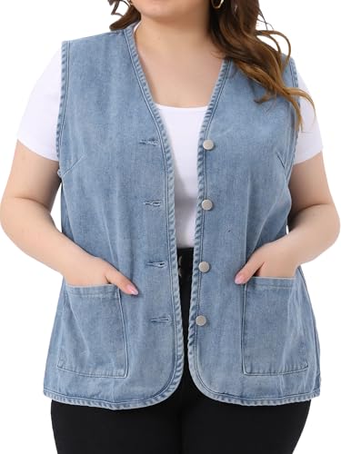 Agnes Orinda Plus Size Denim Vest Top for Women Button Down V Neck Waistcoat Sleeveless Jean Jacket Vests
