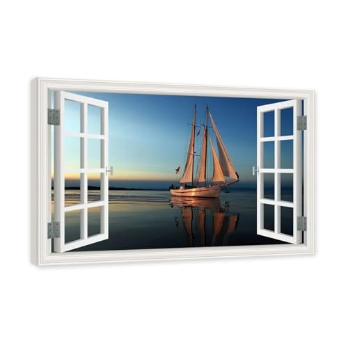 Tableau sur toile marine avec bateau et fausse fenêtre 70x105cm