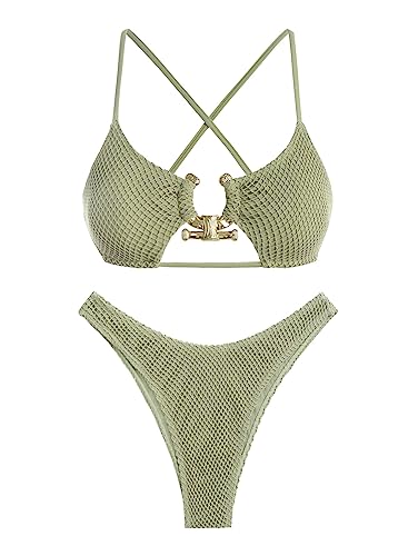 Image of ZAFUL Women's Sexy Cutout Bikini Set High Cut Textured Metal Ring Cheeky Swimsuit Two Piece Bathing Suit