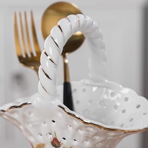 キッチンオーガナイザー、クリエイティブフラワーバスケットシェイプシルバーウェアホルダー、中空セラミック食器キャディ、装飾キッチンカト