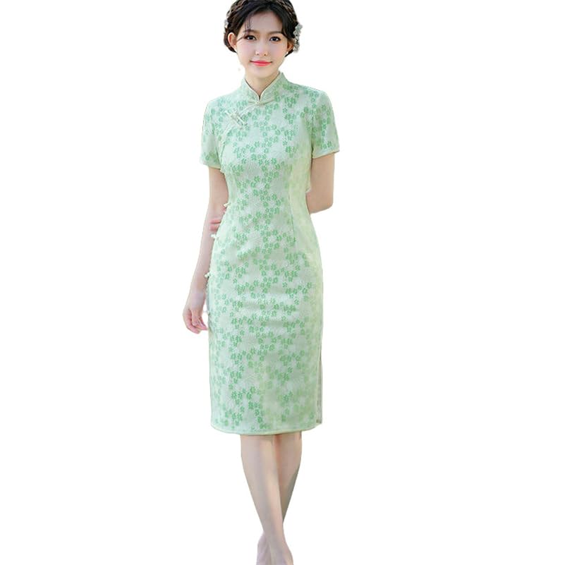 Robe Cheongsam dentelle cyan style chinois femme coupe ajustée